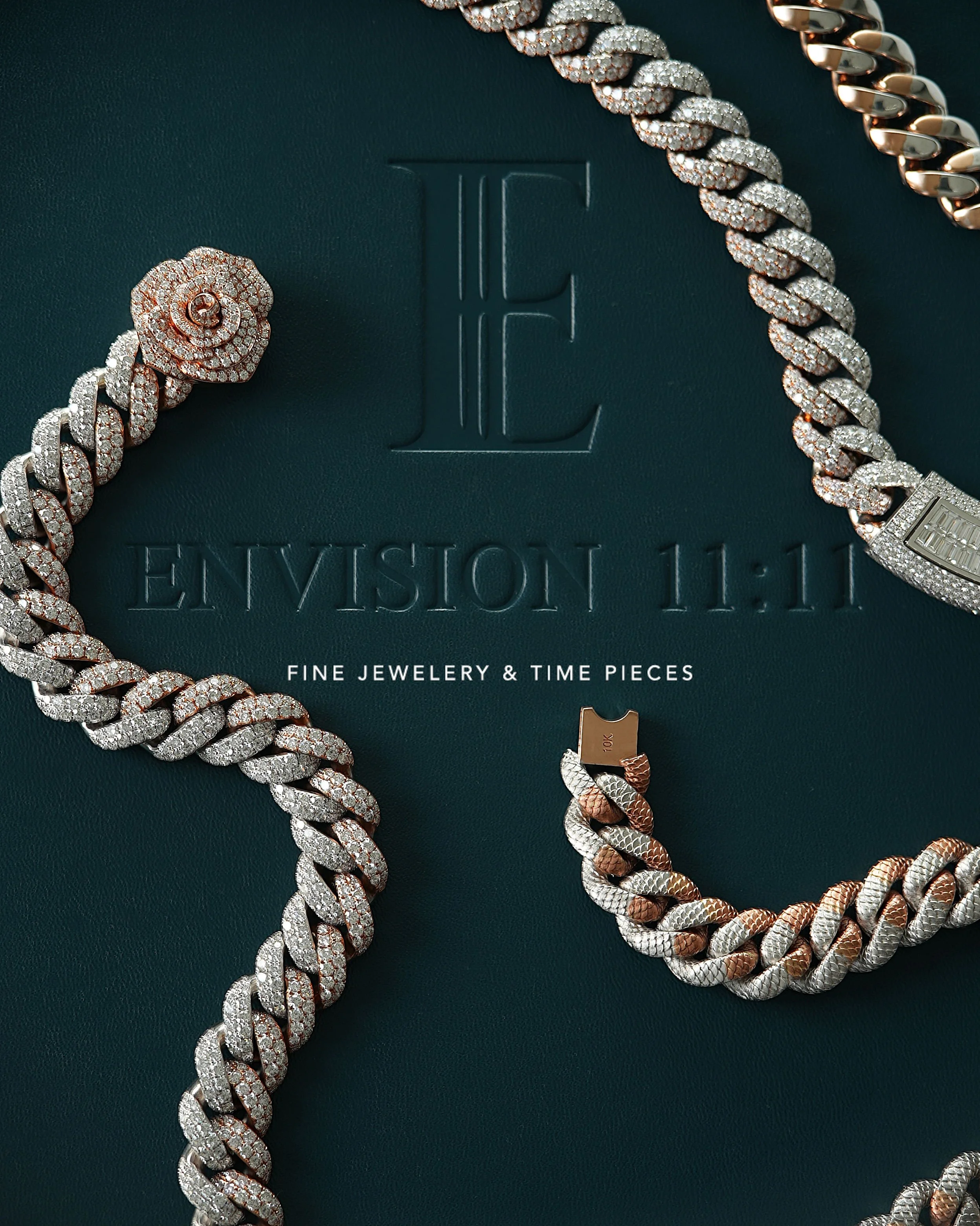 Diamond chains and cuff links on emerald