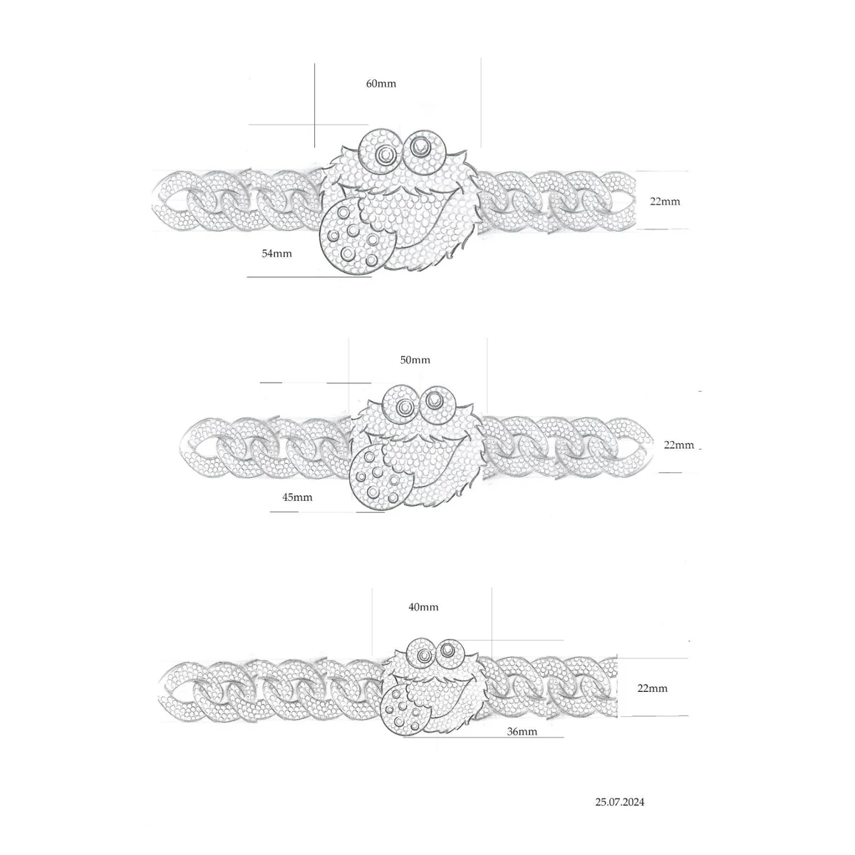 Commission drawing — Cuban link with a Cookie Monster clasp, with measurements