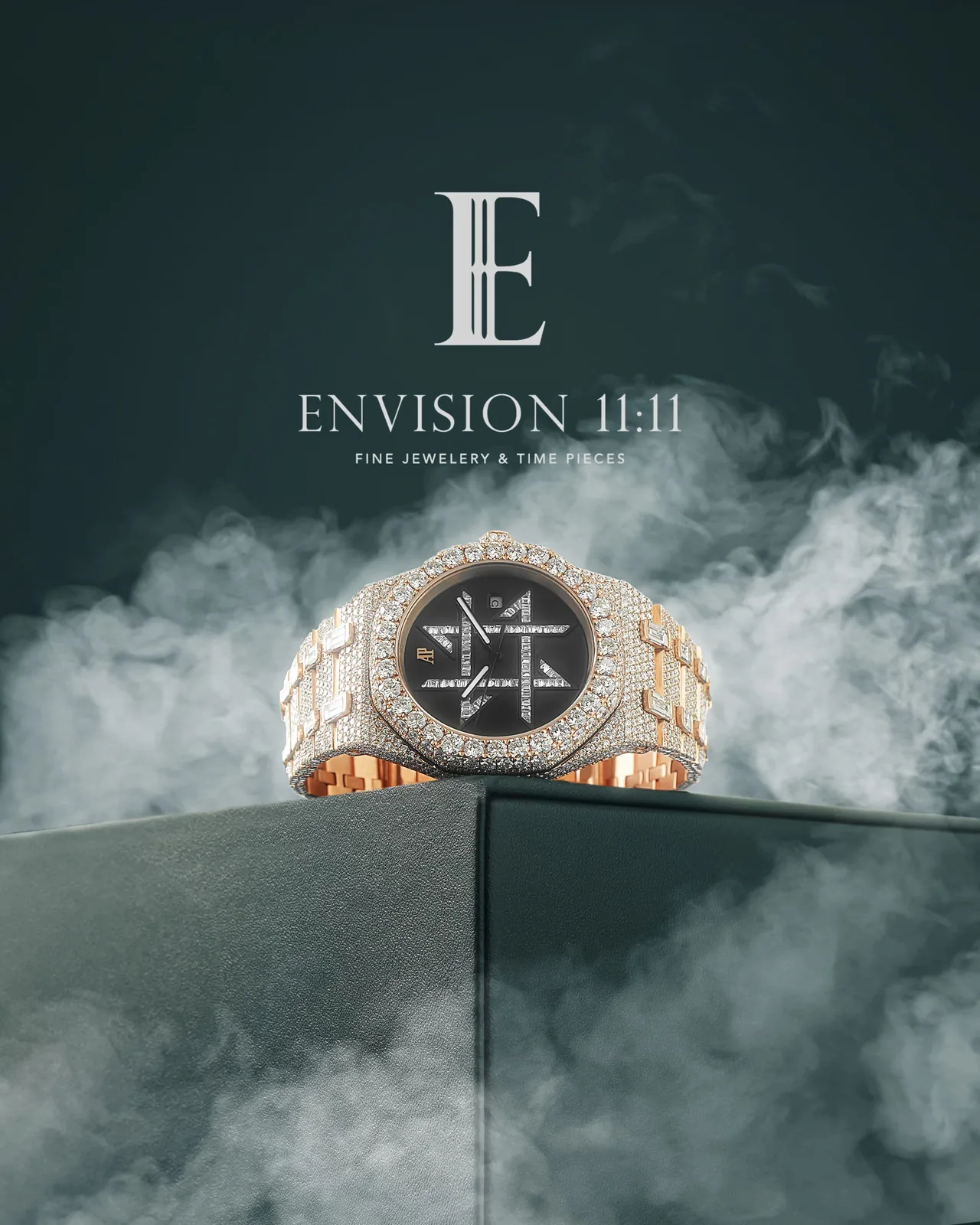 Iced rose-gold watch with Envision monogram dial, on a smoke-wrapped pedestal